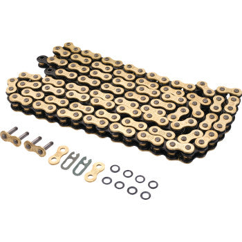 The Moose Offroad 428 O-Ring Series Drive Chain with 124 links in gold and black is displayed on a white background, shown with connecting links, a clip, pins, and small O-rings.