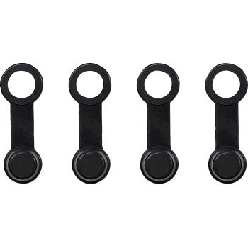 Four identical black Brake Bleeder Caps by Helix are lined up on a white background. This 4-pack features small, circular covers resembling webcam sliders, designed to cover or uncover as needed.
