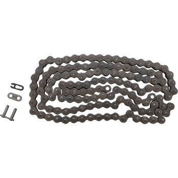 The 428 HD Standard Drive Chain 132 Links by Did, featuring reinforced plates for high tensile strength, is arranged in an S-shape on a white background with its master link and connecting pins shown to the left.