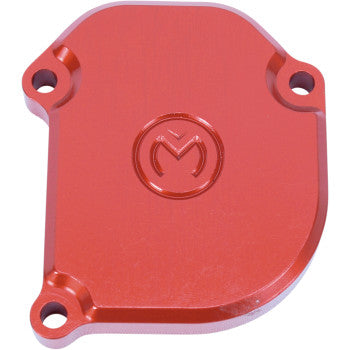 The Throttle Cover Red by Moose Offroad is a CNC-machined billet aluminum cover with rounded edges, three screw holes, and an engraved M logo at the center. Made in the U.S.A.