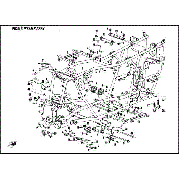 An Image of a genuine CFMOTO Parts Schematic Diagram showing the group - FRAME ASSY - 2016 CFMOTO CFORCE 400