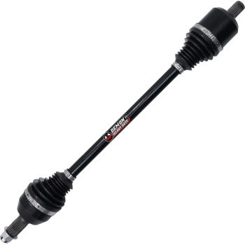 A black Can Am Defender Axle Lift Kit Heavy Duty Front Right by Demon, featuring rubber boots, metal clamps, and a CV joint on a durable chromoly steel axle. The part is clean and displayed against a white background.