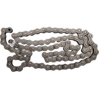 The 428 Standard Non Sealed Chain by Ek, featuring 90 links and a visible master link, is arranged loosely coiled on a white background.
