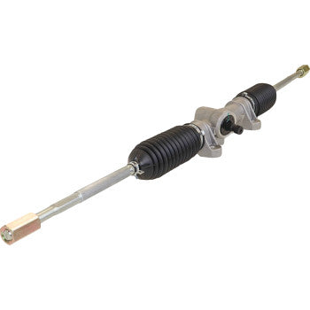 The Steering Rack by Moose Offroad features black rubber boots on both ends and metallic rods with tie-rod ends extending from each side.