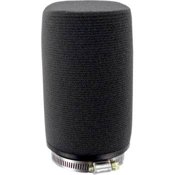 The Pod Air Filter Black Centered by Uni Filter is a cylindrical black foam filter with a seamless design and metal base clamp, engineered for maximum airflow in engines or machinery.