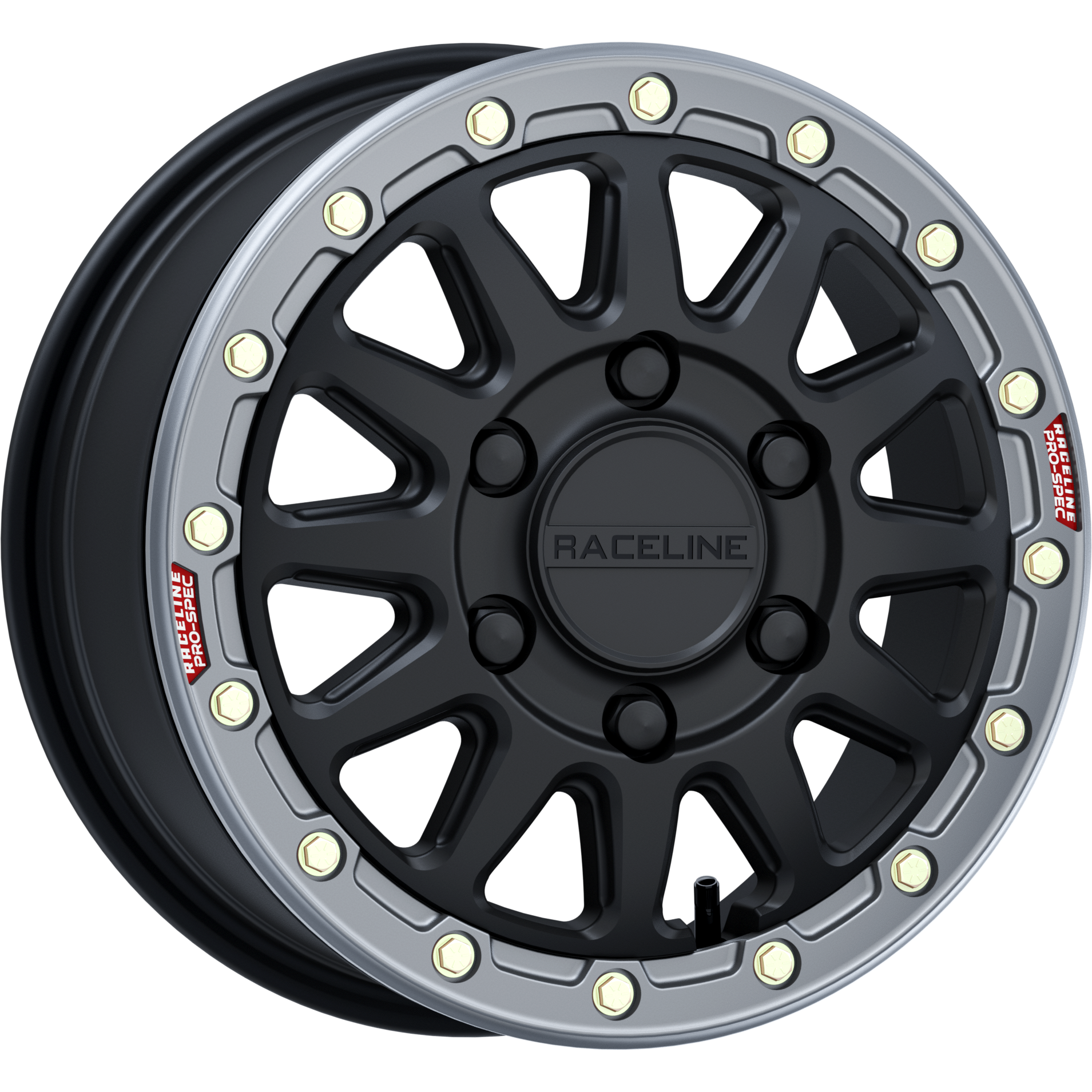 The Raceline ATV/UTV Alpha Beadlock 15x6.5 wheel in black/gunmetal boasts a rugged, multi-spoke design with a silver beadlock ring, red Raceline logos, and suits vehicles with a 6x139.7 bolt pattern.