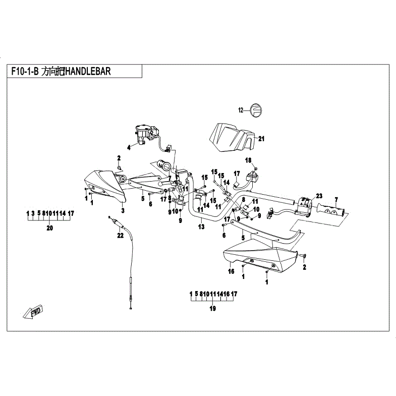 An Image of a genuine CFMOTO Parts Schematic Diagram showing the group - HANDLEBAR (WITHOUT REARVIEW MIRROR) - 2018 CFMOTO CFORCE 500 HO