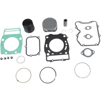 The Polaris Top End Kit 92.25 mm by Wsm includes assorted 4-stroke engine parts such as a piston kit, rings, seals, filters, and gaskets, all neatly arranged on a white surface.