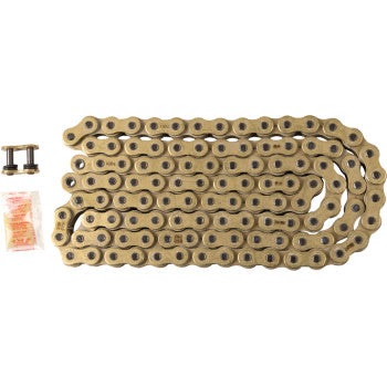 The 520 XRE Drive Chain 110 Links Gold by RK is a coiled gold-finished motorcycle chain with an XW-Ring seal for durability, supplied with lubricant and a connecting link, shown on a plain white background.