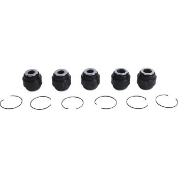 Five black circular components with snap rings, arranged in a row on white—components from the Moose Offroad Rear Independent Suspension Kit, ideal for A-arm repair.