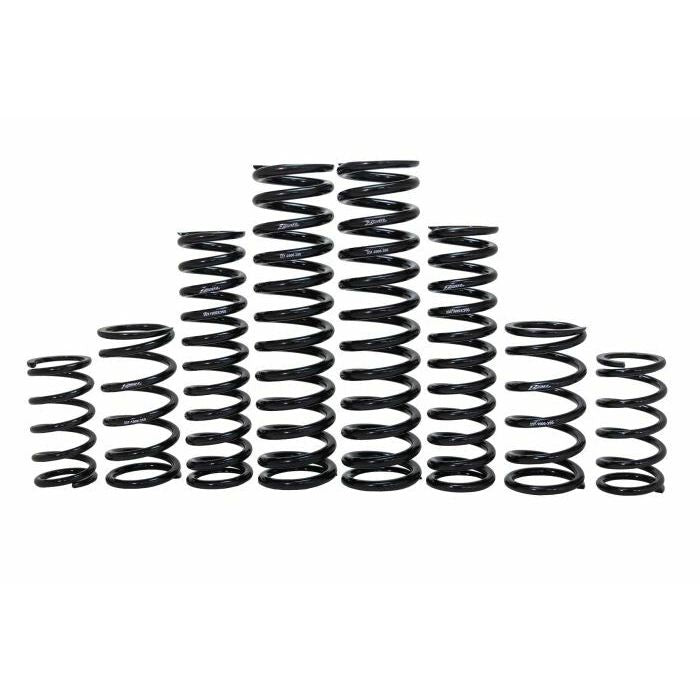 The Can-Am Maverick R Full Spring Kit (2 Seat) by ZBroz features twelve black high-tensile springs of varying heights and thicknesses, arranged shortest to tallest, providing a smoother ride and enhanced bottoming resistance against a white background.