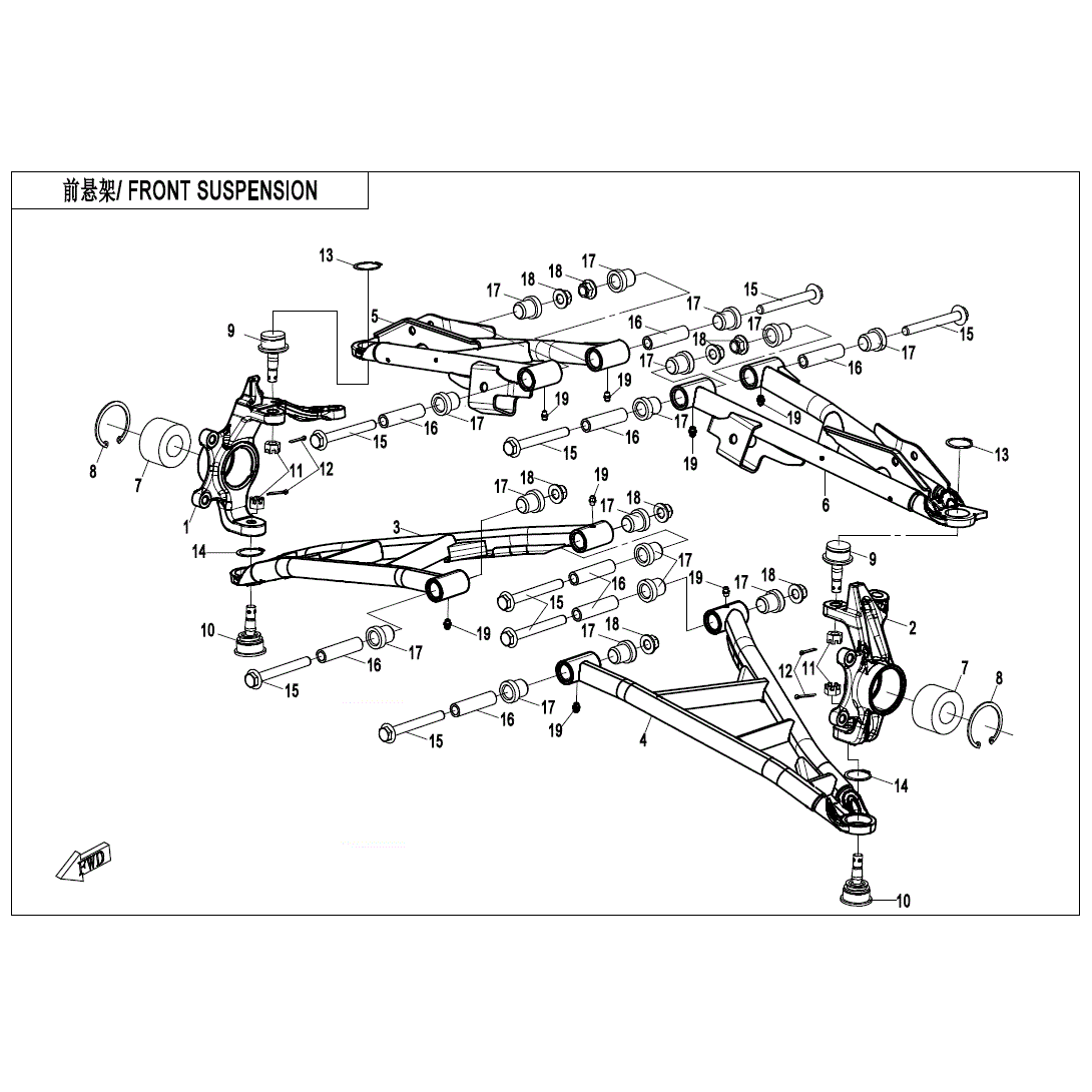 An Image of a Genuine CFMOTO Parts Schematic Diagram showing the schematic - FRONT SUSPENSION - 2025 CFMOTO ZFORCE 950 Sport