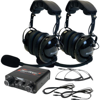 Two Navatlas Communication System Over the Head headsets in black, a black NavWav intercom device, and several audio cables are shown on a white background, all designed for high-fidelity stereo sound and clear in-flight communication.