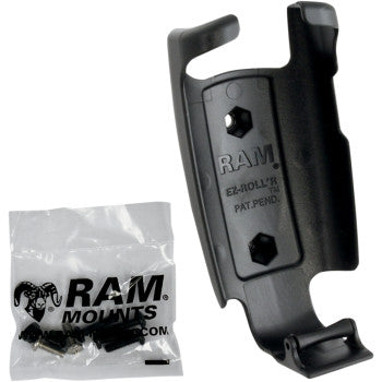 The RAM Mounts Device/Phone Cradle for Garmin Map62 features durable black plastic construction with two screw holes, shown alongside mounting hardware and branded packaging.