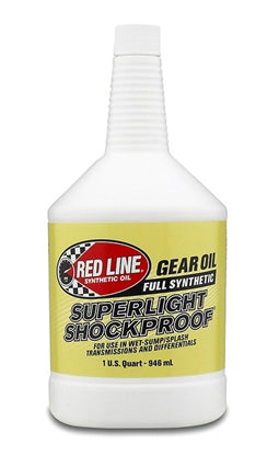 A white plastic bottle of Redline Sl S/P Gear Oil 1Qt by Red Line, labeled “Full Synthetic, SuperLight ShockProof,” ideal for racing transmissions and differentials, 946 ml (1 U.S. Quart), with a yellow label for excellent low-temp flow.