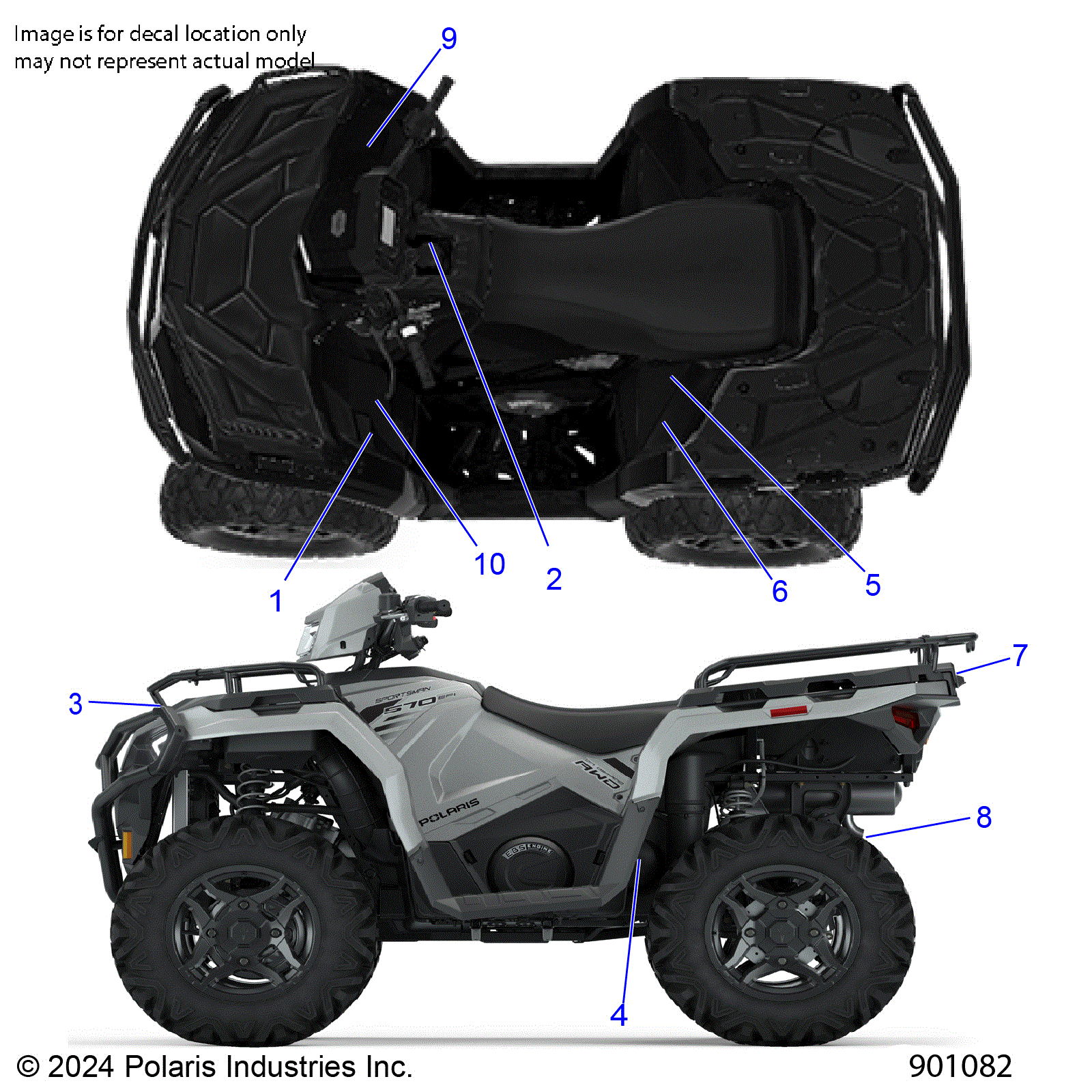 An Image of a Genuine Polaris Parts Schematic Diagram showing the schematic - BODY: DECALS STANDARD - 2025 POLARIS SPORTSMAN 570 EPS EBS RC LE