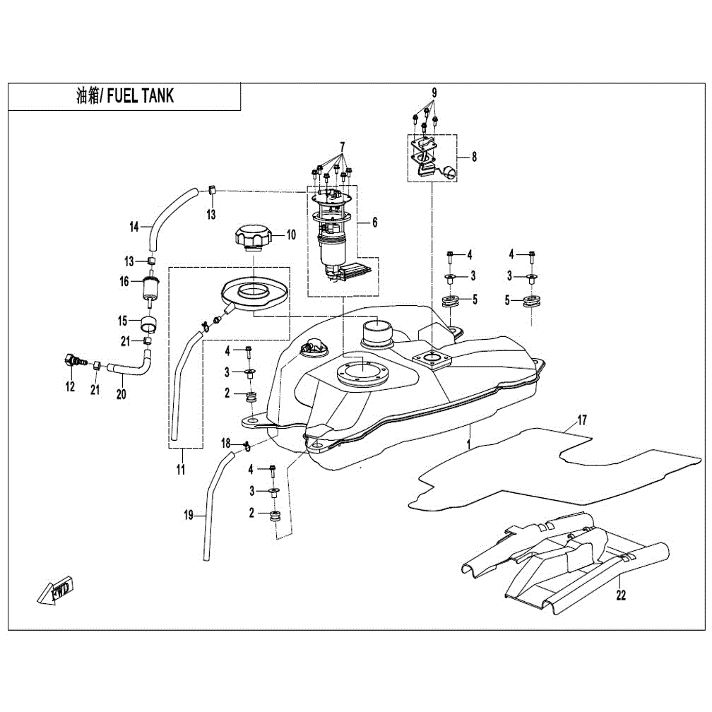 An Image of a genuine CFMOTO Parts Schematic Diagram showing the group - FUEL TANK - 2021 CFMOTO CFORCE 400