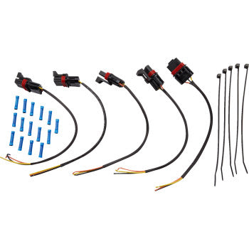 Five black electrical pigtail harnesses with red and black connectors, blue wire crimps, and black zip ties.