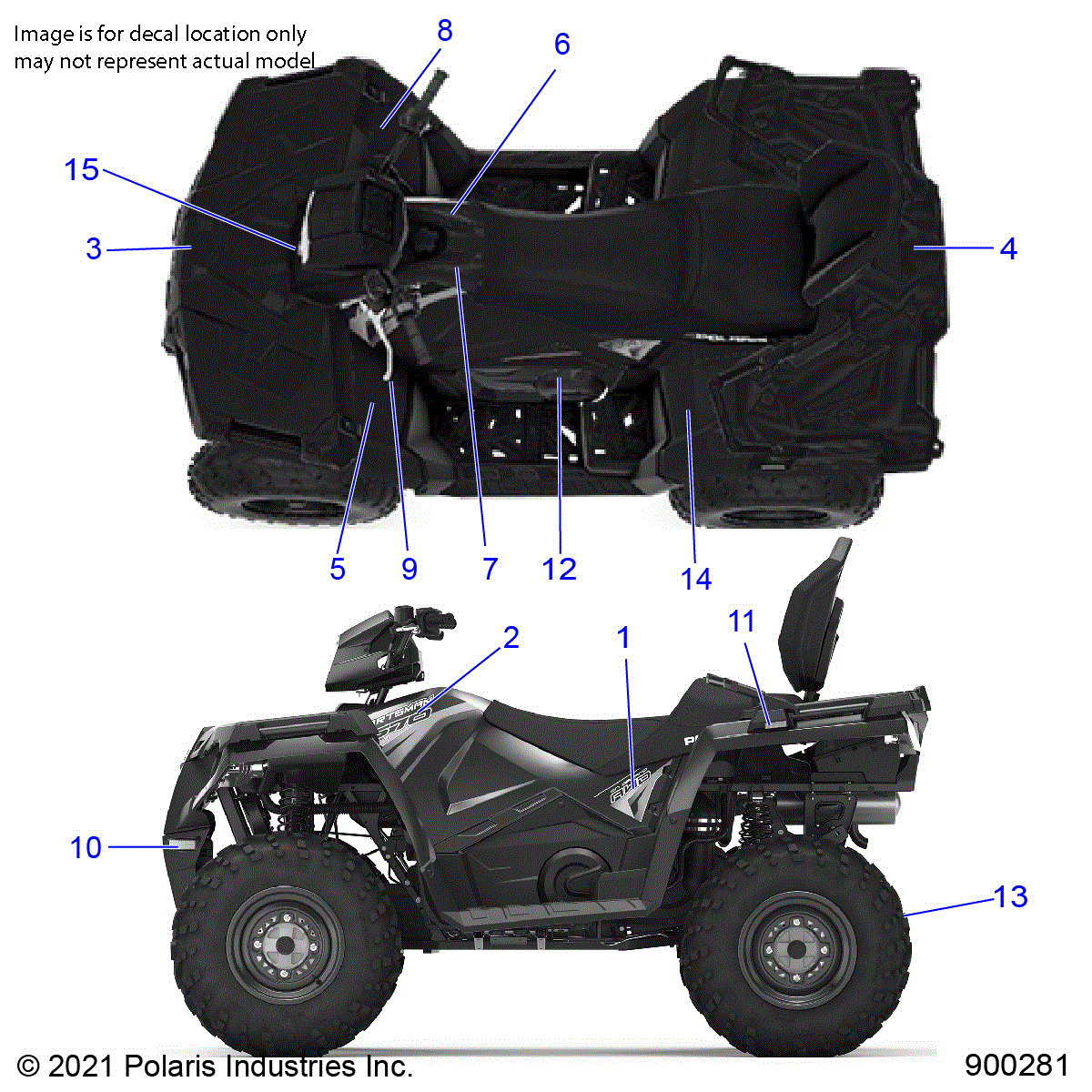 An Image of a Genuine Polaris Parts Schematic Diagram showing the schematic - BODY: DECALS - 2021 POLARIS SPORTSMAN TOURING 570