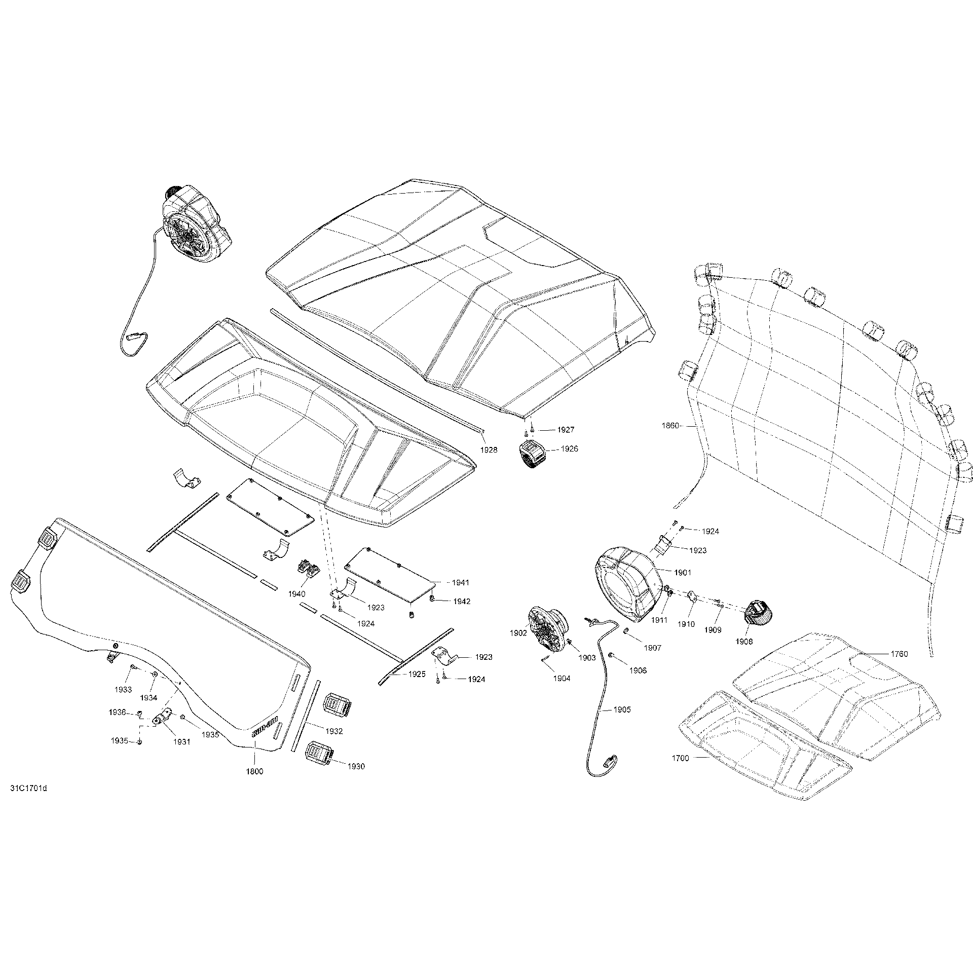 An Image of a Genuine Can-Am Parts Schematic Diagram showing the schematic - BODY AND ACCESSORIES - PARTS PACKAGE LTD