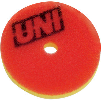 The Yamaha Air Filter by Uni Filter is a round, red and yellow filter with a center hole and UNI in black on top, designed for maximum airflow.