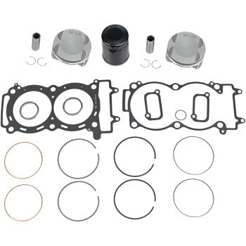 The Polaris Top End Kit 93.00 mm by Wsm for 4-stroke models includes two pistons, rings, circlips, wrist pins, two gaskets, and an oil filter—all arranged neatly on a white background.