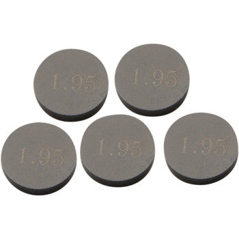 A pack of five Prox Valve Shims, each 9.48 mm x 1.95 mm with "1.95" engraved on top, is arranged in a slight curve on a white background.