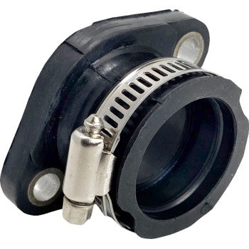The Polaris Replacement Intake Boot by Quad Logic is a black rubber boot with an integrated seal, metal hose clamp, and two mounting holes—designed as a direct replacement part for automotive or motorcycle engines.