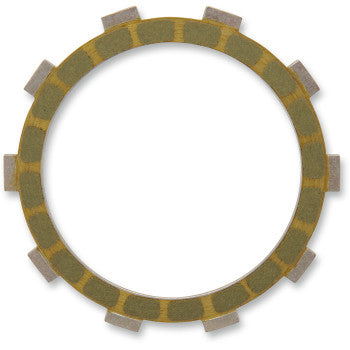 The Barnett Clutch Friction Plate is round and heavy-duty, featuring a green and brown segmented aramid surface with several evenly spaced gray rectangular tabs on its outer edge.
