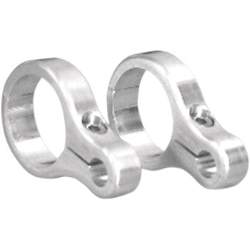 Lone Star Racing Billet Brake Line Clamps: two small, silver brackets with circular 1" openings and threaded holes, ideal for securing cylindrical parts like A-arms or aftermarket brake lines.