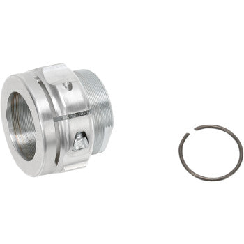 The Honda Posi Lock Axle Nut 3 Piece by Dura Blue, featuring a metal threaded coupling with fine threads and a grooved design, is shown next to a circular snap ring on a white background.