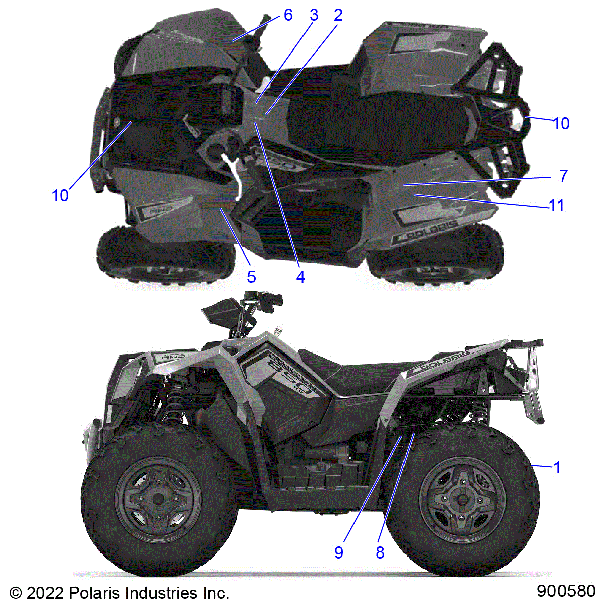 An Image of a Genuine Polaris Parts Schematic Diagram showing the schematic - BODY: DECALS GENERAL - 2024 POLARIS SCRAMBLER 850 48"