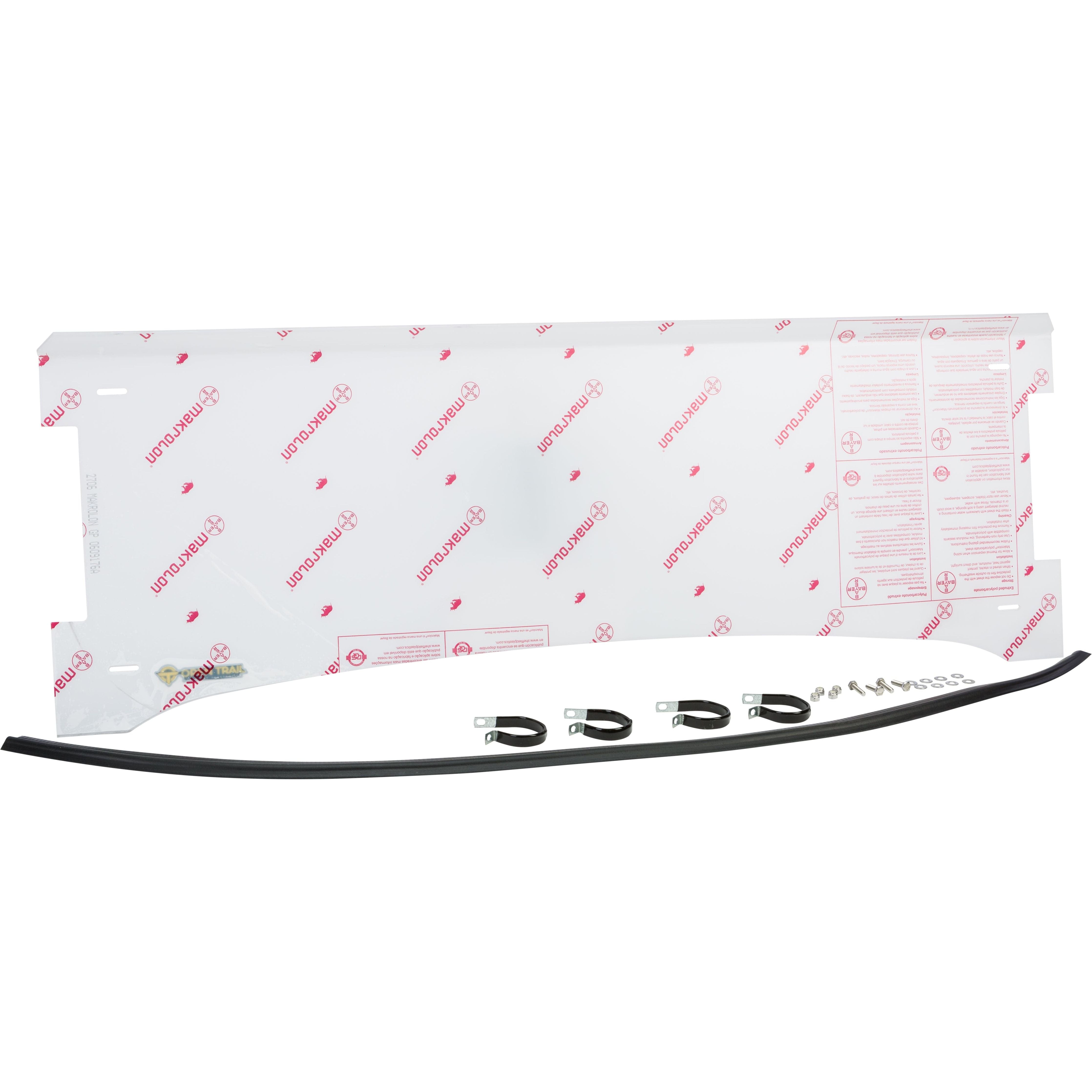 The Half Windshield by Open Trail delivers high-strength protection with a clear Makrolon polycarbonate panel, protective film, black mounting brackets, a rubber seal, and installation hardware arranged on a white background.