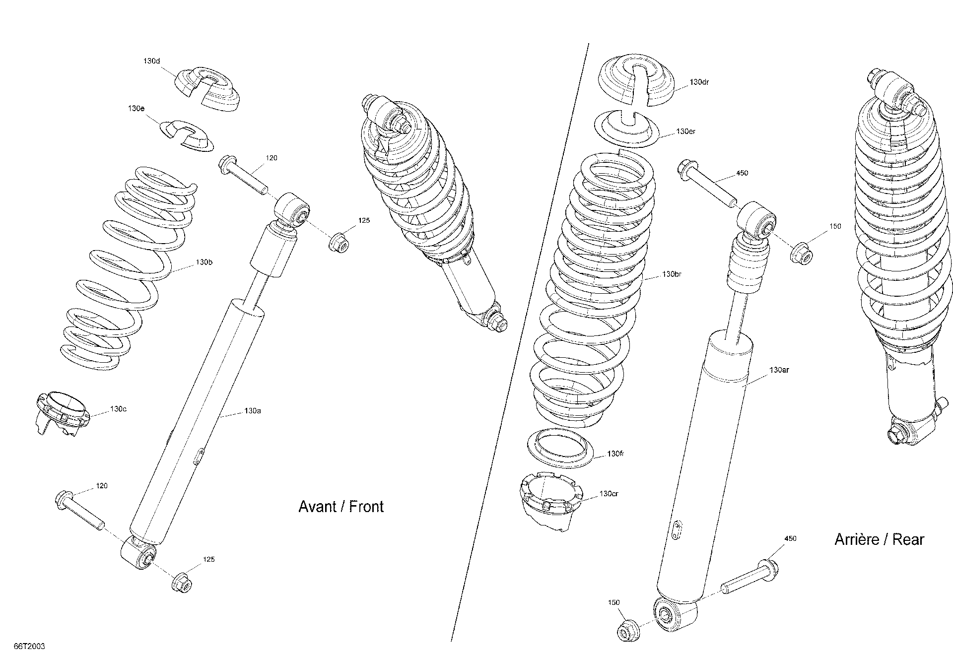 An Image of a Genuine Can-Am Parts Schematic Diagram showing the schematic - SHOCKS - MOSSY OAK EDITION