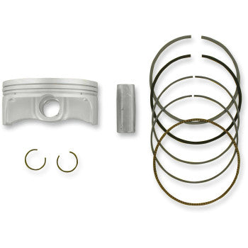 The Yamaha YFZ R Piston Kit 94.96 mm by Prox is displayed, featuring a CNC machined piston, wrist pin, two circlips, and multiple piston rings—all neatly arranged on a white background.