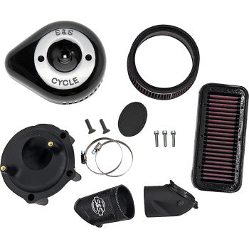 The Indian Stealth Air Cleaner Kit with Cover - Black by S&S Cycle includes a washable rectangular filter, circular cover, mounting brackets, screws, and clamps—all shown on a white background.