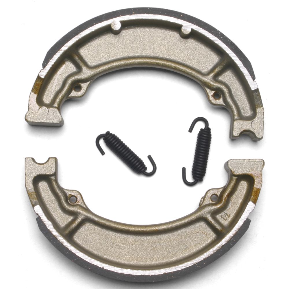 Pair of semicircular metallic brake shoes with black friction lining and two black tension springs.