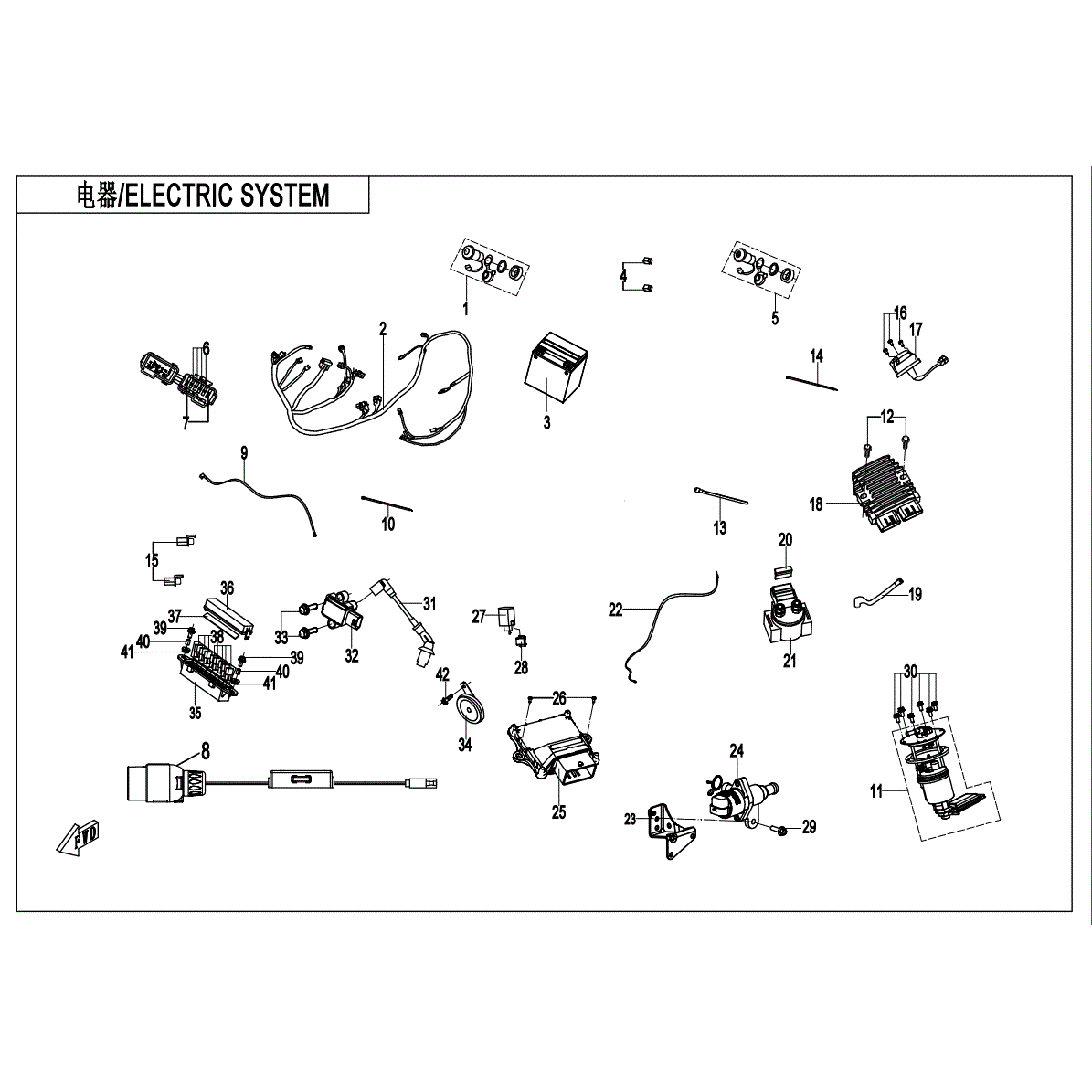 An Image of a genuine CFMOTO Parts Schematic Diagram showing the group - ELECTRIC SYSTEM (USA - 2021 CFMOTO CFORCE 500 S
