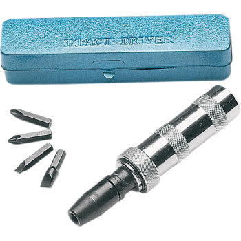 The Tool Bits Impact Driver by Performance Tool features a metal body, textured grip, four interchangeable bits—including #2 Phillips—and comes with a blue case labeled IMPACT DRIVER, shown on a white background.