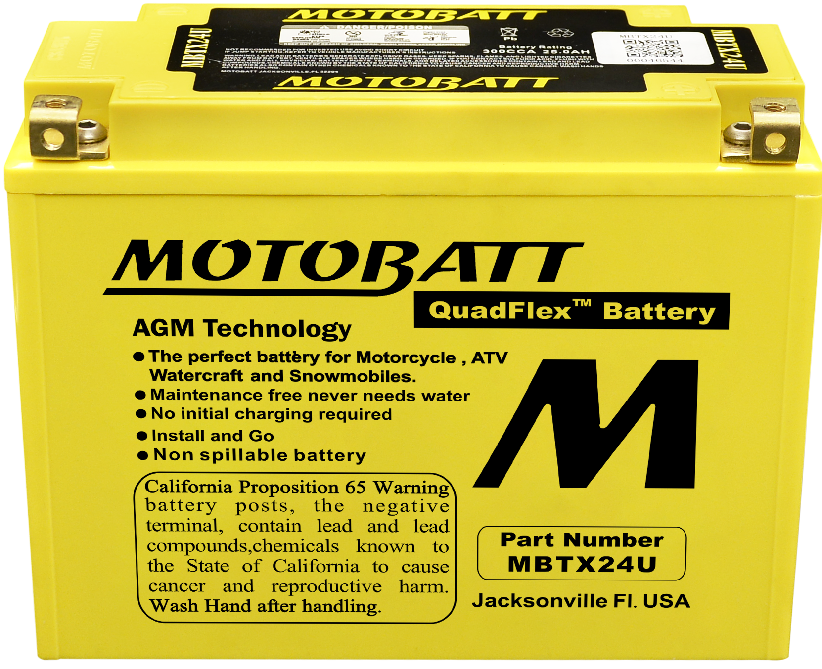 The Mbtx24U Sealed Factory Activated AGM Battery by MotoBatt in yellow offers superior starting power, features safety warnings including California Proposition 65, and is identified as part number MBTX24U. Location: Jacksonville, FL, USA.