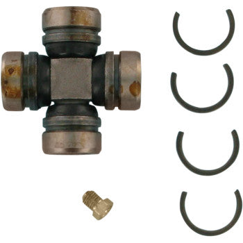The Kawasaki Universal Joint by Epi features a cross-shaped metal joint, four black retaining clips, and a small grease zerk fitting—perfect for OEM replacement—shown on a white background.