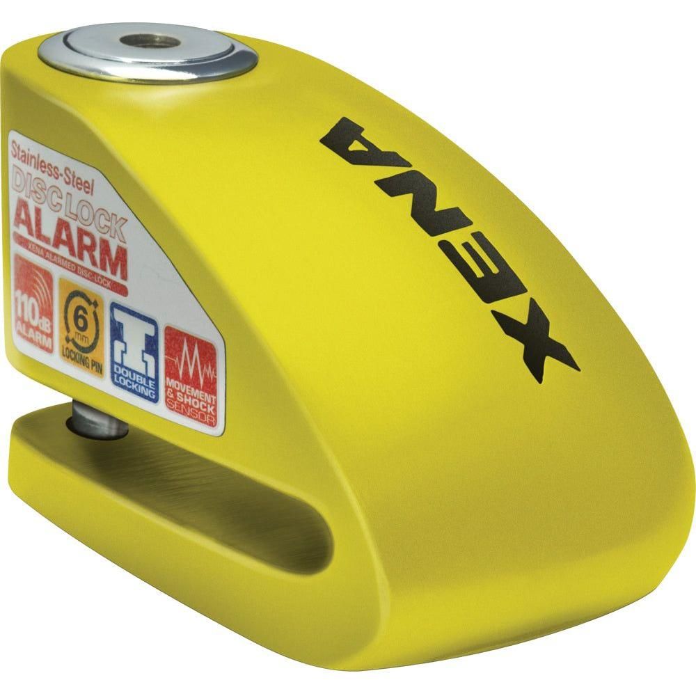 The Xx10 Alarm Disc Lock 3.3 x 2.4 Yellow by Xena is a stainless-steel motorcycle lock with a maximum security key barrel, self-arming 110dB alarm, shock/movement sensors, double locking, and an ice spray proof body.