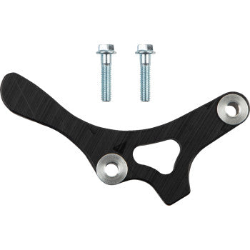 The Yamaha Case Saver Black by T.M. Designworks is a black metal bracket with two circular holes, a center cutout, and comes with two silver hex bolts for engine case protection.