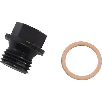 The Engine Drain Plug by Quad Logic, a black metal hex bolt with a threaded end, is displayed beside a round beige washer on a plain white background and features corrosion protection for durability.