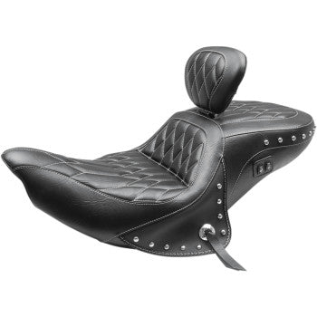 The Heated Seat - Drivers Backrest by Mustang features black leather with a diamond-stitched pattern, heated seating, built-in backrest, metal rivet accents, and a contoured design for comfort and style on your Roadmaster 2014-2024.