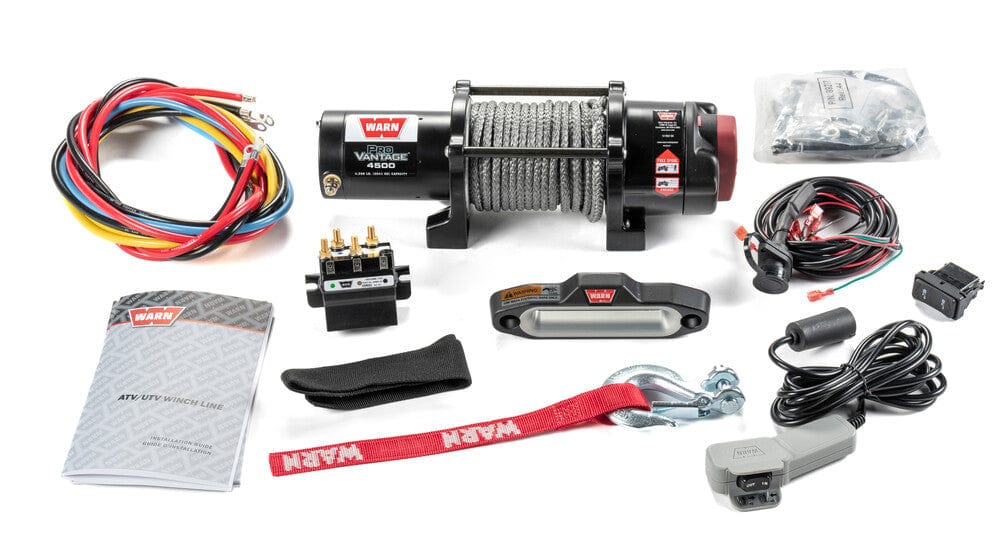 The 4500 lb. UTV/ATV Provantage 4500 Winch W/ Synthetic Rope by Warn includes a three-stage planetary gear train, control switches, relay, mounting hardware, synthetic rope, hook with red WARN strap, cables, wiring, and instructions on a white background.