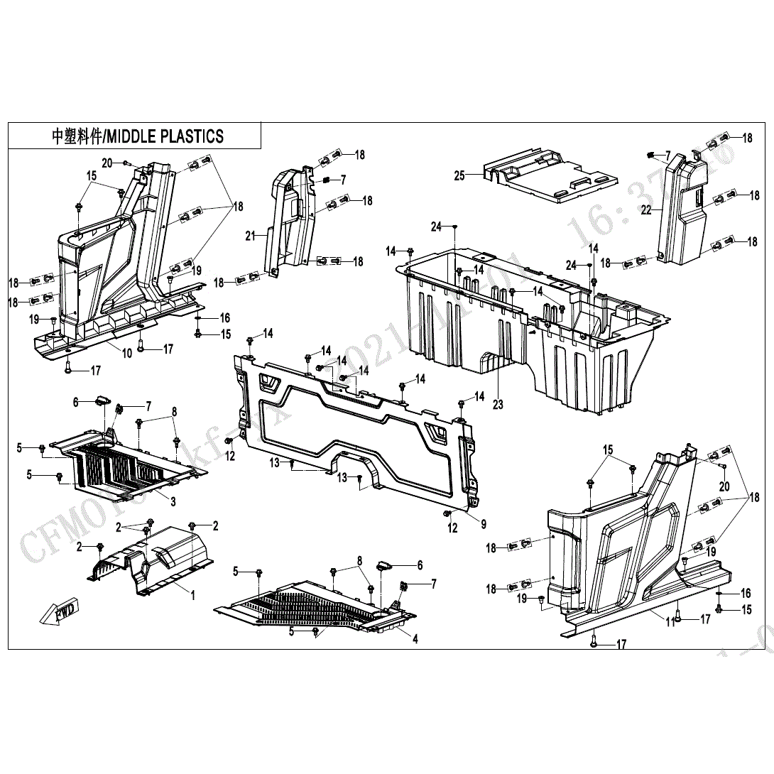 An Image of a Genuine CFMOTO Parts Schematic Diagram showing the schematic - MIDDLE PLASTICS(2) - 2022 CFMOTO UFORCE 1000 XL