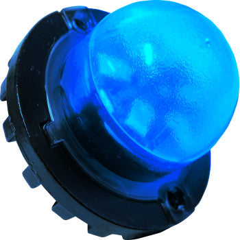 A close-up view of the LED Strobe Light Blue by Kfi Products, featuring an illuminated blue lens, black circular base, two visible screws, and a durable polycarbonate construction.