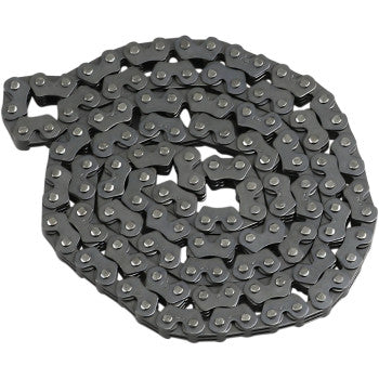 Gray metal cam chain with 126 interlinked oval-shaped links arranged in a coil.