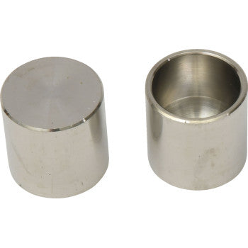 Two small, cylindrical Brake Caliper Pistons by All Balls, precision machined from 304 stainless steel—one with a closed top and one open, both featuring a shiny reflective surface.